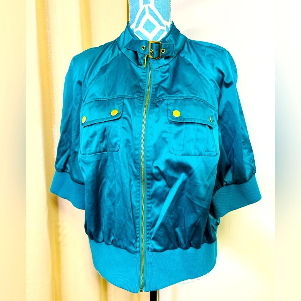 Miss Lili Womens Turquoise Short Sleeve Full Zip Cropped Jacket Size 2X